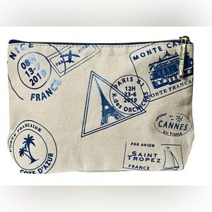 Lancome Makeup Bag, Graphic Paris, Cream/Blue, Gold Tone Zipper